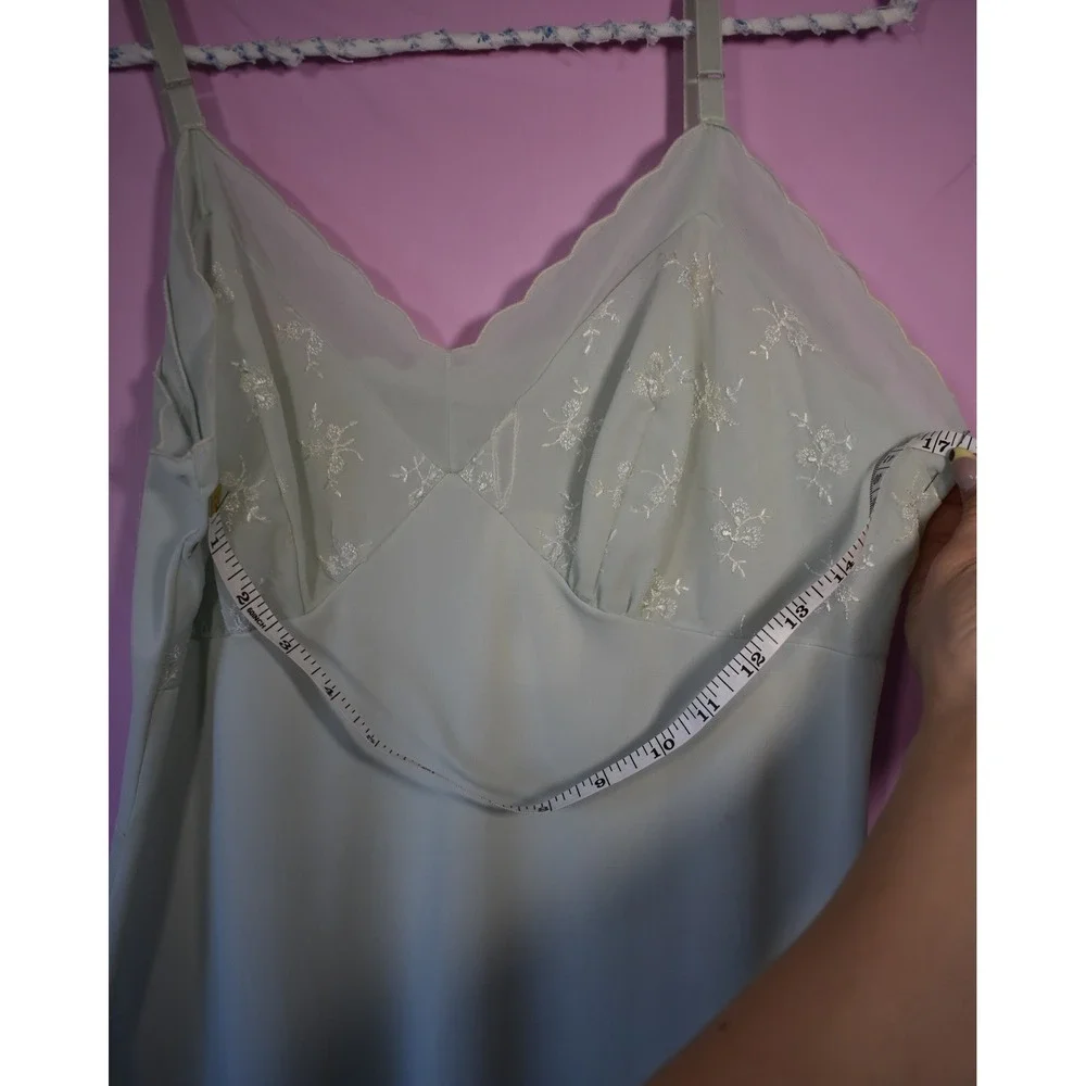 Vintage Mint Green Embroidered Slip Dress Floral Scallop Trim Midi Lingerie - Picture 6 of 6